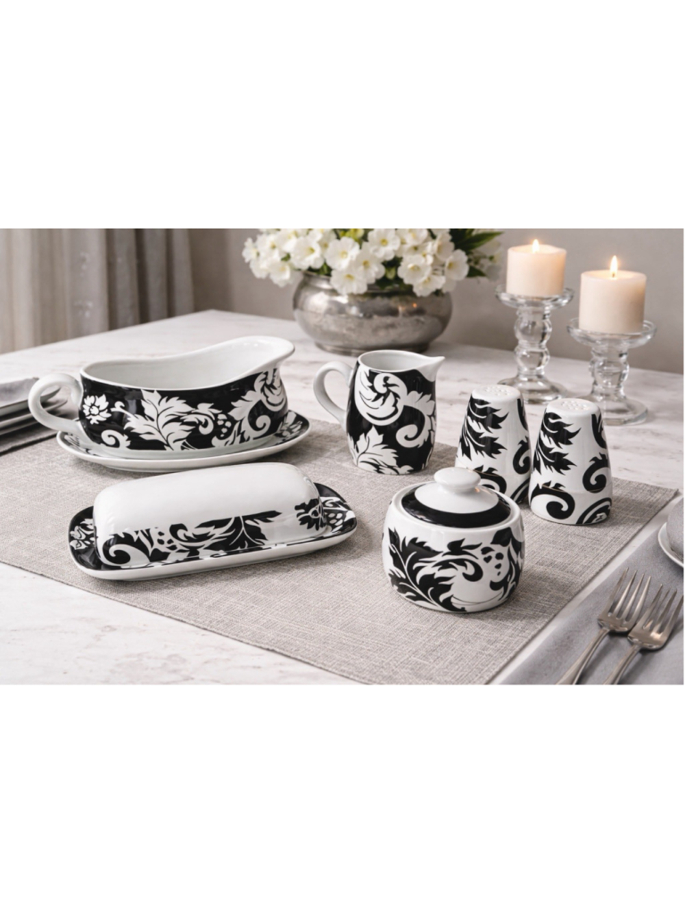 222 Fifth Damask Black White 6 Pc Serve Set Gravy Sugar Creamer Butter